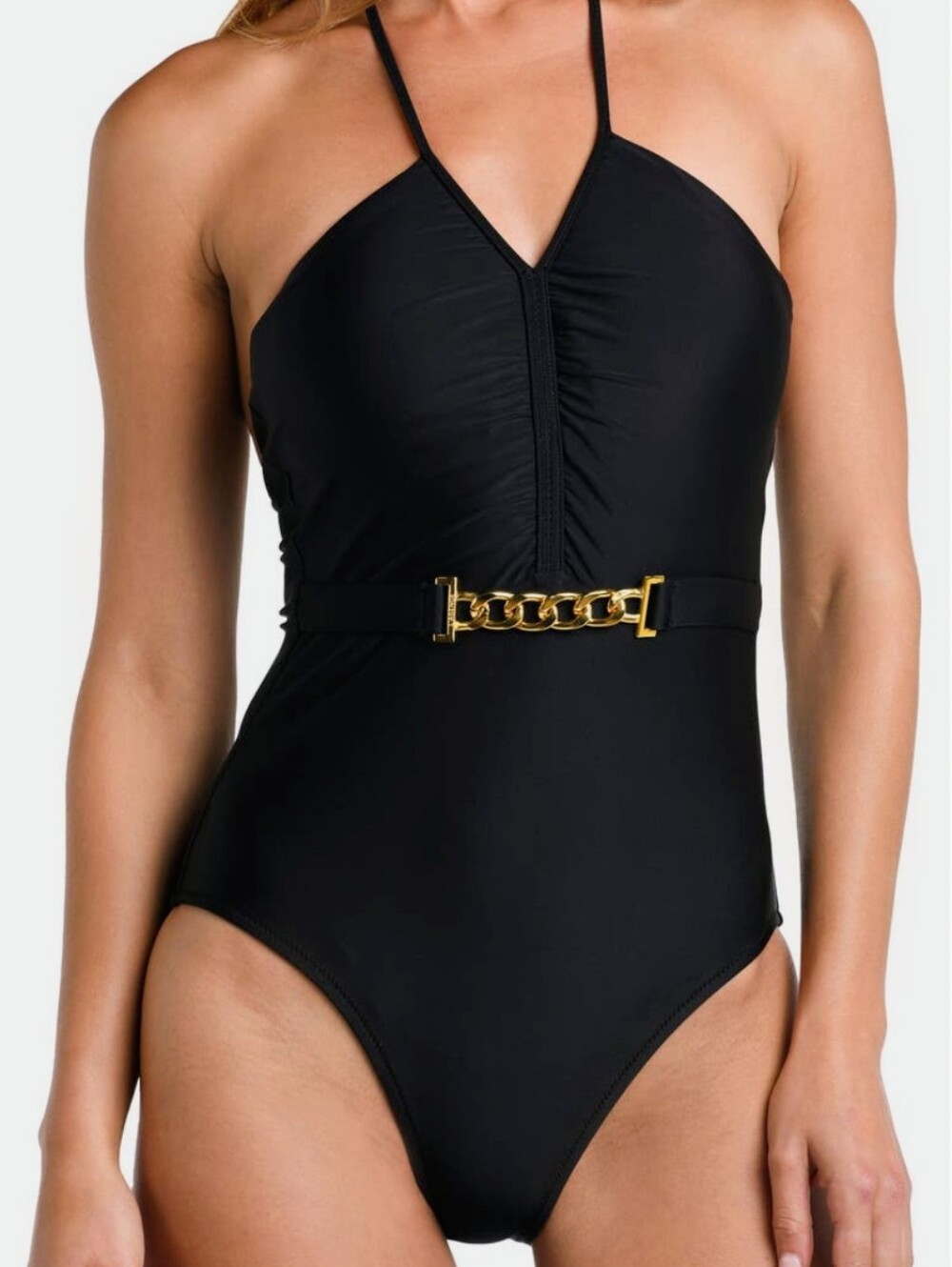 NWT L'AGENCE Leila Black Gold Chain Halter One Piece Swimsuit XS